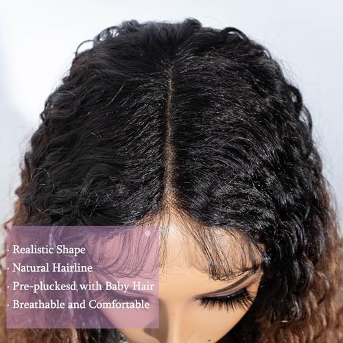 Joedir 32" Long Deep Curly Wavy Lace Front Synthetic Wigs HD Transparent Glueless Lace Wig Heat Resistant Fiber Pre Plucked Hairline with Baby Hair Wig for Women(Ombre Black to Honey Color)