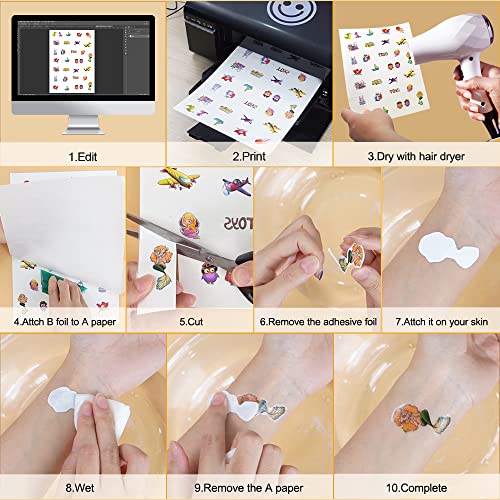 Stampcolour Printable Temporary Tattoo Paper for INKJET printer 8.5"X11" 30 Sheets DIY Tattoos Stickers,Personalized Image Transfer for skin Custom Waterslide Decal for women men