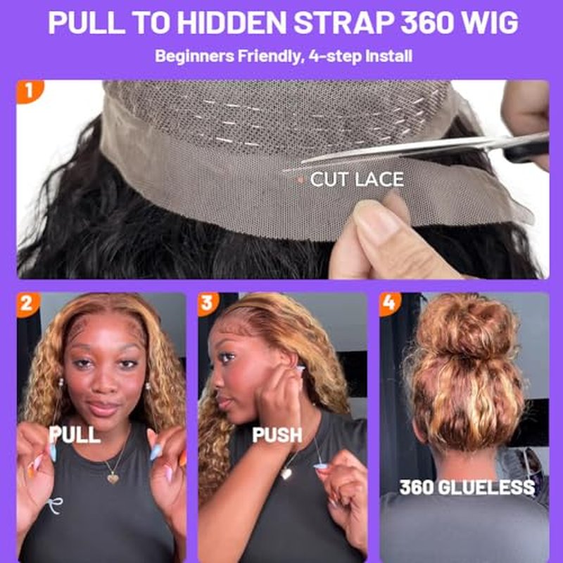 Highlight 360 Lace Front Wigs Human Hair Honey Blonde Deep Wave HD Lace Front Wigs Human Hair Pre Plucked Drawstring 360 Frontal Glueless Wigs 180 Density 4/27 Ombre Full Lace Wig 20 Inch