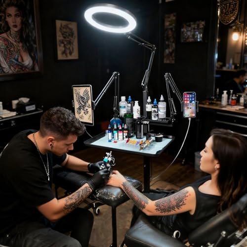 Tattoo Workstation Multi-Function Console, Tattoo lamp, Double Stand with lamp Tattoo Tray Trolley, Adjustable Height Magnetic Tray
