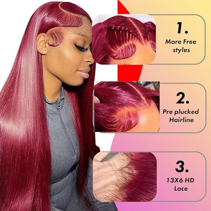 99j Burgundy 28 Inch Straight Wig Human Hair 13x6 Hd Lace Front Human Hair Wigs For Black Women Glueless Lace Front Wigs Pre Plucked 180% Density Red Wig