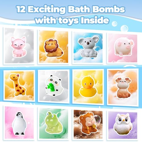 Bath Bombs for Kids with Surprise Toys Inside, 12 Pcs Bubble Bath Fizzy Balls with 12 Animal Shapes, Natural Bath Bombs Easter Christmas Children's Day Gift Set for Kids Girls Boys Toddlers