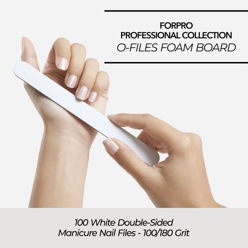 ForPro Professional Collection O-Files Foam Board, Double-Sided Manicure Nail File, 100/180 Grit, Individually-Wrapped, 6" L x .75" W, White, 100-Count