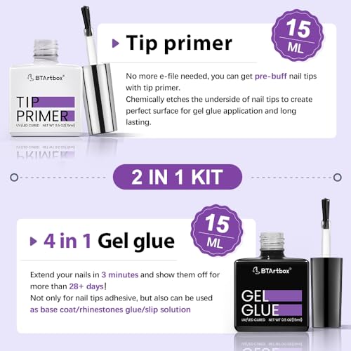 BTArtbox Nail Glue & Primer Set - 2 x 0.5 Fl Oz Acrylic French Ballerina Nail Gel, Long Lasting Super Strong 4 in 1 UV Nail Gel for Press On Nails