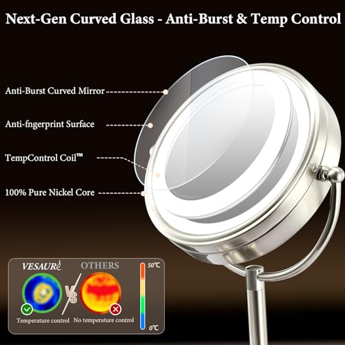 Professional 8.5" Large Lighted Makeup Mirror with Brighter Lights, 1X/10X True HD Magnifying Mirror with 3 Color Dimmable Lights, 90 Shadowless LEDs, 360¡ÆSwivel Seamless Vanity Mirror, Pearl Nickel