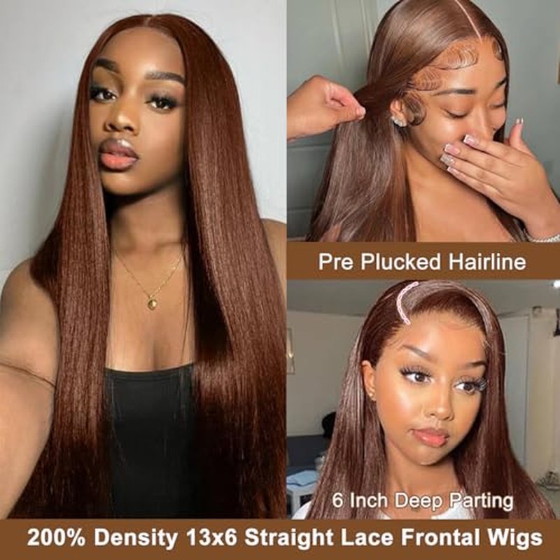 13x6 Straight Lace Front Wigs Human Hair Chocolate Brown Lace Front Wigs Human Hair Pre Plucked 200% Density Colored #4 Brown Wig HD Lace Frontal Wigs for Women 24Inch