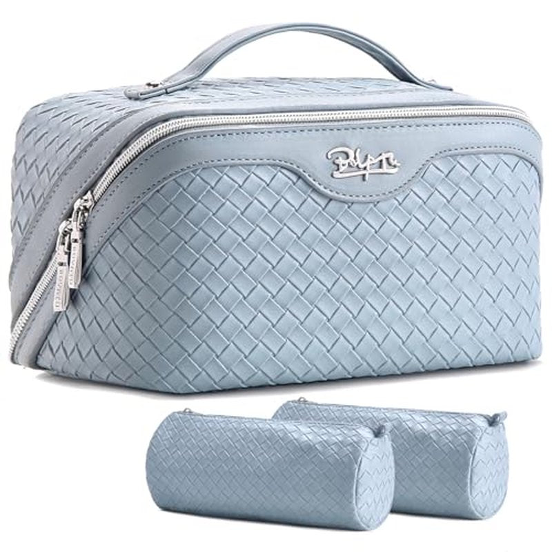 BOYATU Travel Makeup Bag Cosmetic Bags for Women: Large Capacity 3 Pcs Set Make up Bag with Compartments - Waterproof Vegan Leather Toiletry Organizer Bags with Handle (L04 Light Blue)