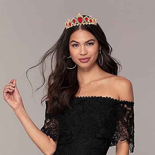 Queen of Hearts Costume Women Evil Queen Crown, Scarlet Witch Crown Glinda Princess Belle Evie Tiara Heart Accessories Headpiece Gold Red Ruby Headband for Halloween Sexy Bride Woman Adult