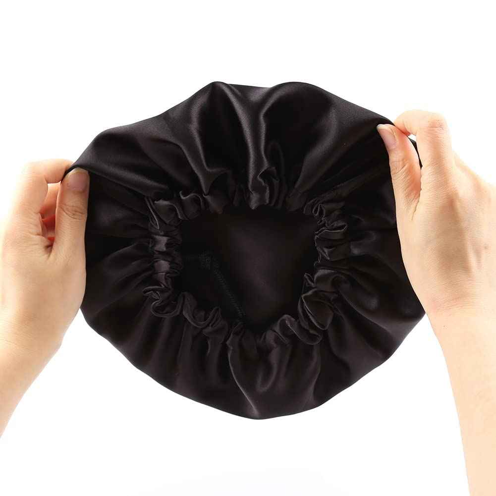 ELIHAIR 2pc Kids Satin Bonnet Sleeping Cap for Natural Hair Teens Toddler Child Baby Adjustable Satin Cap for Night Sleeping Reversible Double Layer(Black+ Pink/Purple)