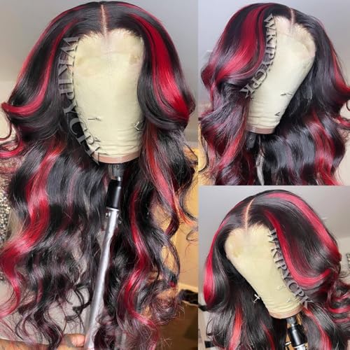 Red Highlight Lace Front Synthetic Wig Black Hair with Red Skunk Stripe 13x4 HD Lace Front Wigs Pre Plucked Heat Resistant 24 Inch Long Body Wave Wig for Fashion Women
