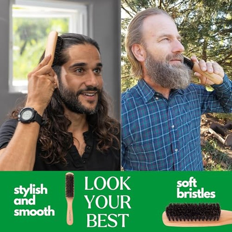 GranNaturals Boar Bristle Slick Back Hair Brush - Soft/Medium Smoothing Hairbrush to Style, Polish, & Lay Hair Down Flat to Create a Sleek Frizz Free Hairstyle for Women and Men - Wooden Handle