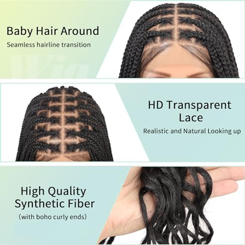 36 Inch 13X8 HD Lace Front Box Braided Wigs With Boho Curly Ends Knotless Braided Wig For Women Premium Synthetic Braids Lace Front Wig With Baby Hair Natural Black
