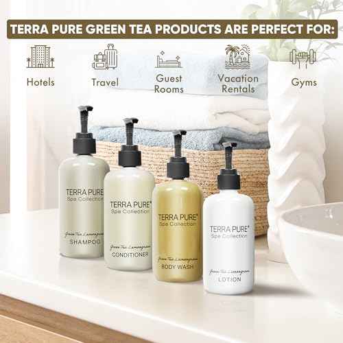 Terra Pure Spa Collection Amenities Set,10.14oz. Pumps (1 of Each) Shampoo, Conditioner, Hand/Body Wash, and Lotion