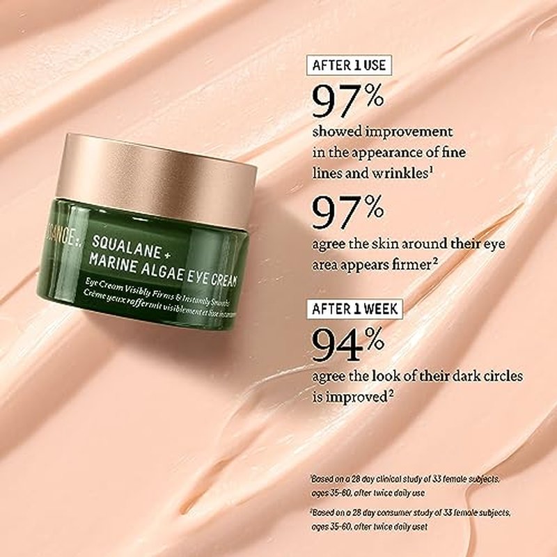 BIOSSANCE Squalane and Marine Algae Eye Cream - Anti-Aging Under Eye Cream for Fine Lines, Wrinkles, and Puffiness - Hydrating & Lifting Formula with Hyaluronic Acid and Paracress Extract - 0.5 Ounce