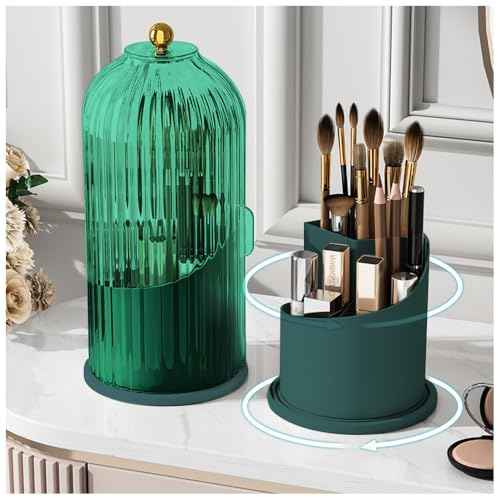 Makeup Brush Holder with Lid 360¡Æ Rotating, Clear Dustproof & Waterproof Make Up Brush Holder Organizer, Transparent Makeup Brush Organize, Green