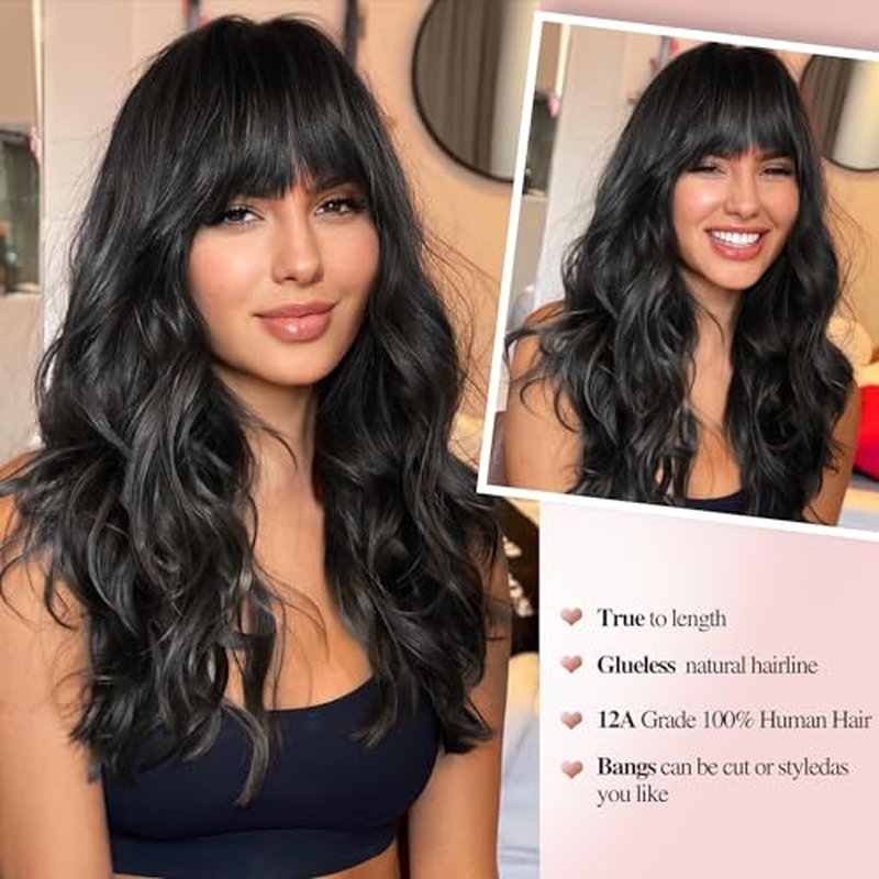 Human Hair Wigs Natural Wave Human Hair Wig with Bangs for Black Women 18 inches None Lace Front Wear and Go Glueless Human Hair Wig