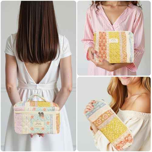 Generic Quilted Makeup Bag Set, Cute Cotton Floral Cosmetic Bags, 3 in 1 Set, Travel Toiletry Organizer