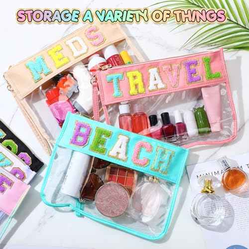 Abbylike 6 Pcs Chenille Letter Clear Zipper Pouch Summer Waterproof Cosmetic Pouch Travel Gym Beach Hawaii Bag Travel Patch Purse Makeup Letter Bag for Women Girls, 6 Colors(Charming Colors,Stylish)
