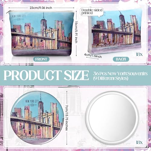 36 Set New York Souvenirs Gifts Include City Cosmetic Bag Bulk New York Makeup Bag NYC Souvenirs from USA Makeup Mirrors for Women Christmas Traveler Birthday Party Favors Trip Journey Gifts