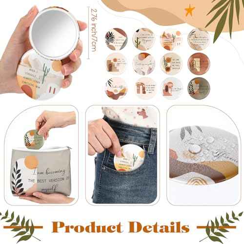 Kacctyen 24 Pcs Positive Affirmation Gift Set 12 Inspirational Canvas Makeup Bags 12 Daily Affirmations Mirrors Bulk Employee Appreciation Gifts for Women Stress Relief Self Care Gift(Bohemia)