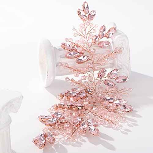 Teyglen Women's Handmade Bridal Hair Vine with Pink Rhinestones and Crystals, Large Headpiece for Brides and Girls