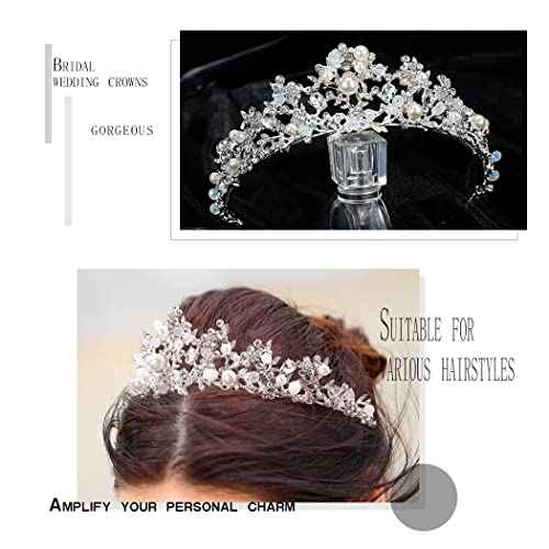 Uranian Silver Crowns and Tiaras Bridal Wedding Crowns Crystal Princess Pearl Tiaras Vintage Hair Accessories for Women and Girls