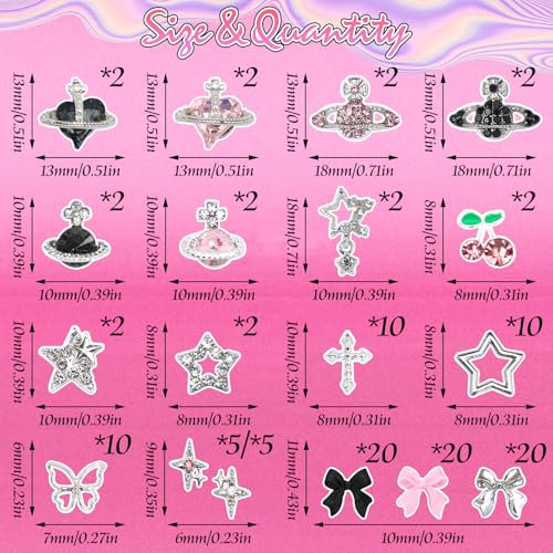 BELICEY 120Pcs 3D Nail Charms Pink Black Silver Bow Nail Charms Y2k Star Planet Cross Charms and Gems Pink Crystal Rhinestones Nail Jewelry for DIY Nail Art Design Crafts