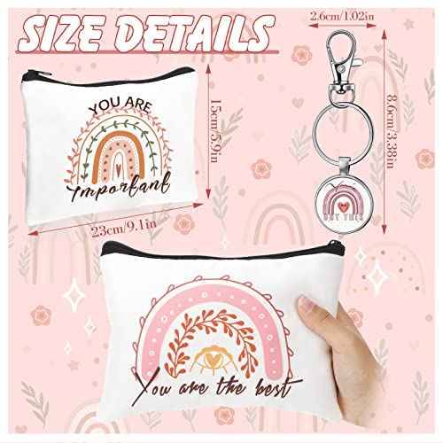 Pinkunn Christmas Rainbow Canvas Cosmetic Bag Bulk with Inspirational Quote Keychains Set 16 Pcs Cosmetic Bags 16 Pcs Keychains You are Amazing Beautiful Kind Travel Pouch Zipper