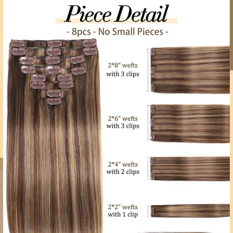 Clip in Hair Extensions Real Human Hair, 22 inch 110g, Balayage Invisible Remy Human hair Clip in Extensions for Women Seamless Straight 8Pcs Double Weft Chocolate Brown to Caramel Blonde