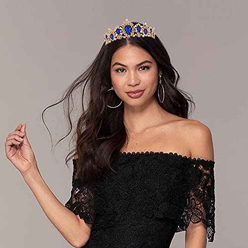 Audrey Descendants Costume Crown, Vofler Gold Tiara Royal Blue Crystal Headband Accessories for Women Queen Girl Bride Princess Quinceanera Birthday Wedding Pageant Prom Homecoming Halloween Party