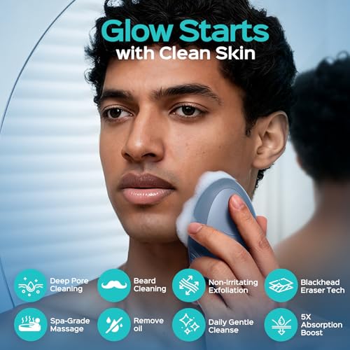 COSLUS Silicone Face Scrubber for Men: 5 Cleansing Modes Facial Cleansing Brush for Beard Care, Sensitive Skin - Deep Cleansing? & Gentle Exfoliating, Waterproof Portable for Shower & Travel, Navyblue