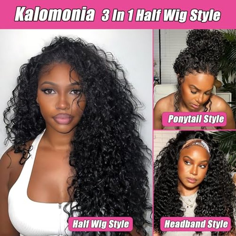 Deep Wave Curly Half Wig Human Hair 200% Density Upgrade Drawstring Seamless Flip Over 3 In 1 Half Wigs for Black Women Wear Go No Lace Glueless Wigs Invisible Hairline Beginner Friendly 20 Inch