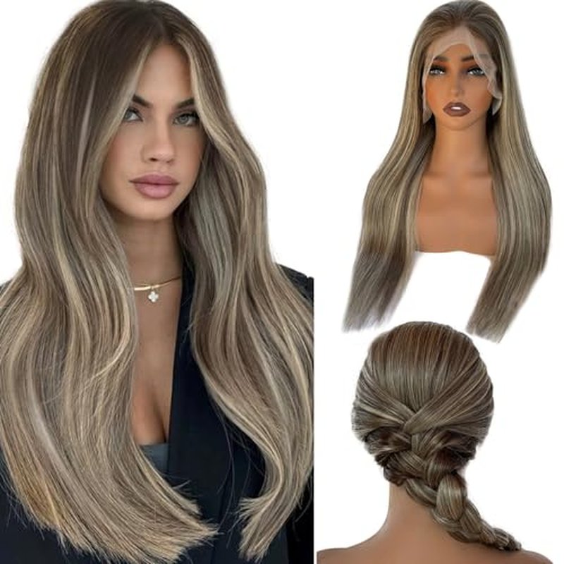 13x6 HD Lace Front Wig Human Hair Balayage Highlight 180% Density 20 Inch Free Part Ombre Brown to Ash Brown Human Hair with 613 Blonde Highlights Wig Pre Plucked