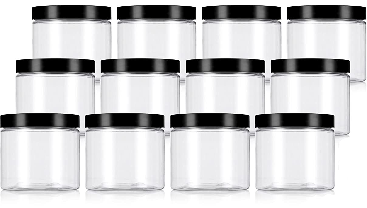 JUVITUS (12 pack) 16 oz Clear PET Plastic Jar with Black Smooth Lid + Labels Refillable Storage