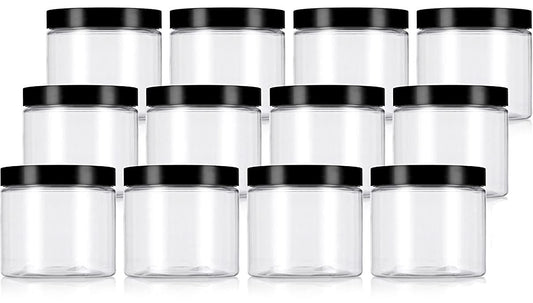 JUVITUS (12 pack) 16 oz Clear PET Plastic Jar with Black Smooth Lid + Labels Refillable Storage
