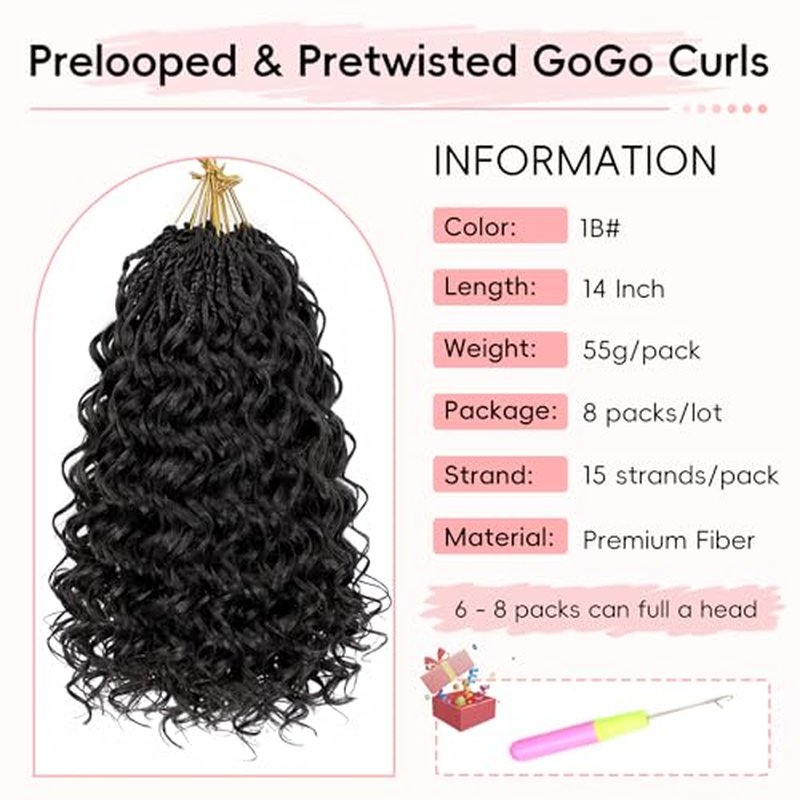8 packs GoGo Curl Crochet Hair Pre twisted 14 Inch Curly Crochet Hair for Women Pre looped Boho Box Braids with Curly Ends Beach Curl Water Wave Synthetic Hair Extensions 1B