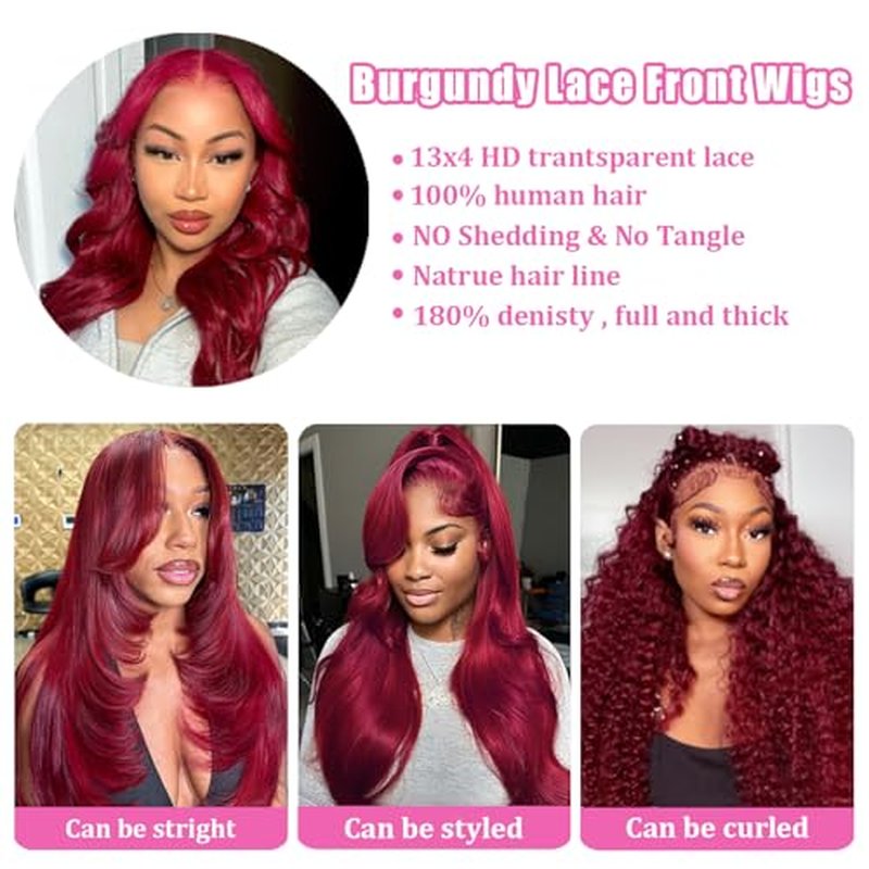 99j Burgundy Lace Front Wigs Human Hair 13x4 HD Transparent Body Wave Lace Front Wigs Human Hair Pre Plucked 180% Density Glueless Wine Red Human Hair Wigs for Women (28)
