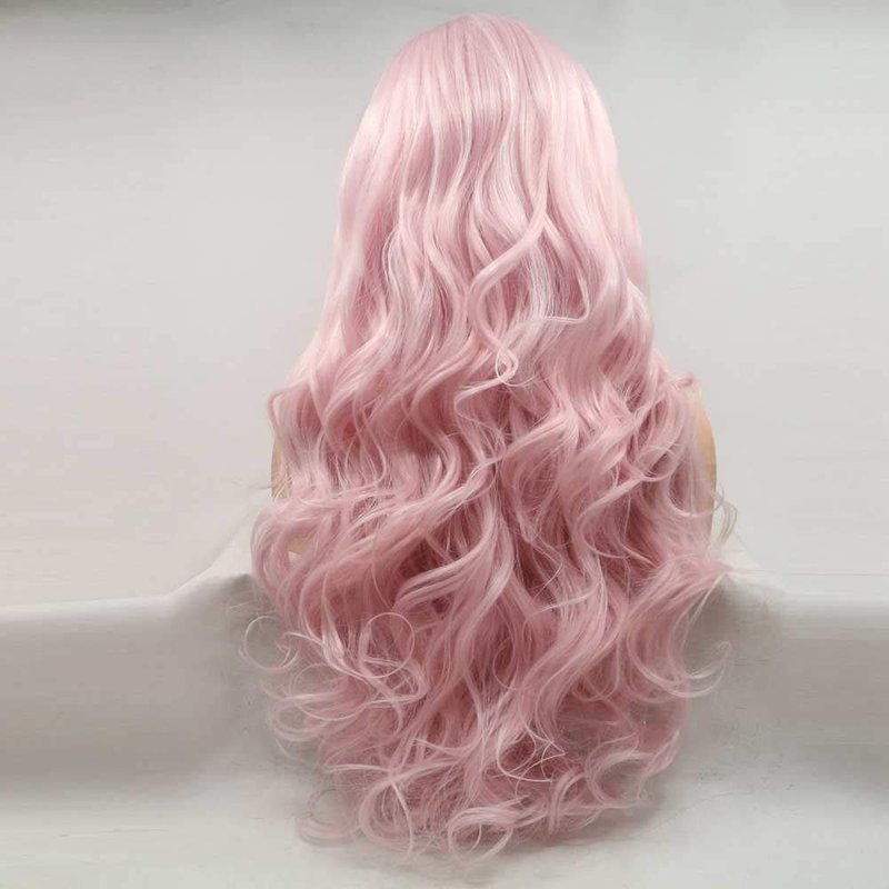xiweiya Baby Pink Wig Long Body Wave Light Pink Synthetic Lace Front Wigs Heat Resistant Fiber Hair Wig Middle Part Cosplay Wigs 24inch