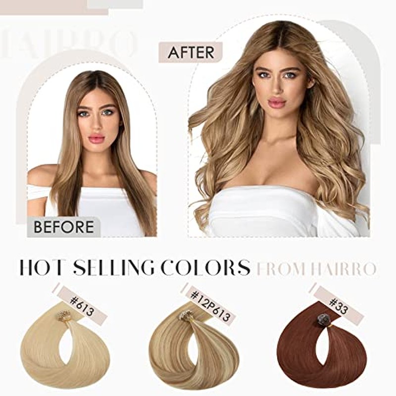 Hairro Bead Human Hair Extensions Microlink Nano Ring Cold Fushion Pre Bonded Keratin Nano tip Remy Hair For Women 24inch 50g/PACK 50 Strands #12P613 Golden Brown Highlight Bleach Blonde