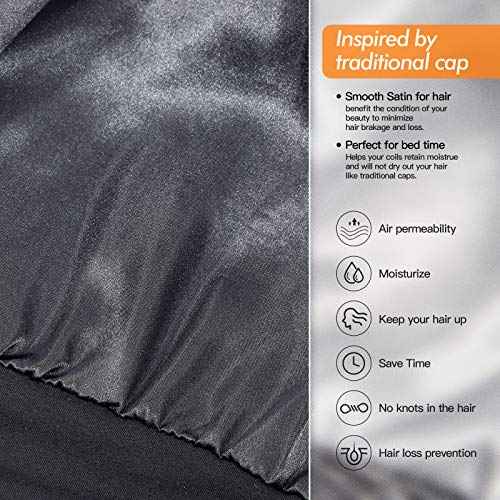 SilkySatin Lined Bonnet Sleep Cap - Adjustable Stay on All Night Hair Wrap Cover Slouchy Beanie for Curly Hair Protection for Women and Men - Black & Light Grey