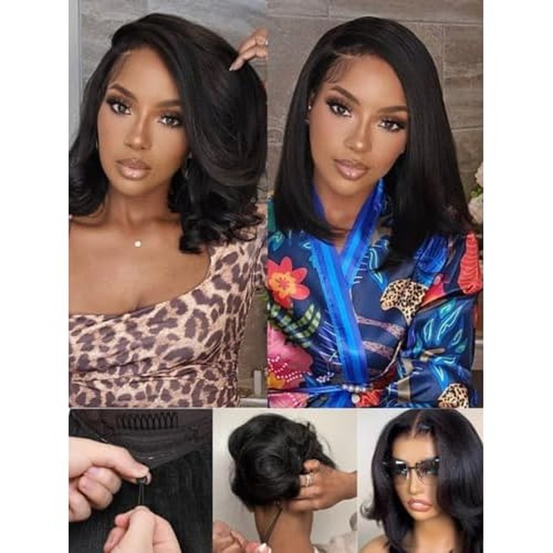Nadula 8inch Yaki Straight Bob Drawstring Wig Human Hair Glueless Pre Cut 7x5 HD Bye Bye Knots Lace Front Wig Pre Plucked Invisible Knots Ready to Wear Short Light Yaki Bob Wigs 150% Density