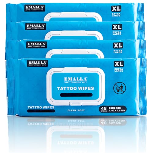 Emalla Tattoo Wipes, Extra Large 192pcs All in One Premium Tattoo Care Wipes to Clean Skin and Tattoo Aftercare Tattoo Supplies (4 Pack)