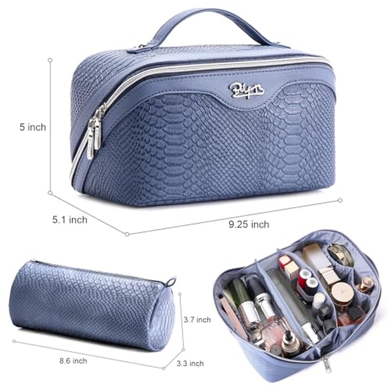 BOYATU Travel Makeup Bags for Women: 3 Pcs Set Wide Open Cosmetic Bag - Portable Make up Bags with Handle - Vegan Leather Toiletry Organizer Bag with Divider (G-05-Blue)