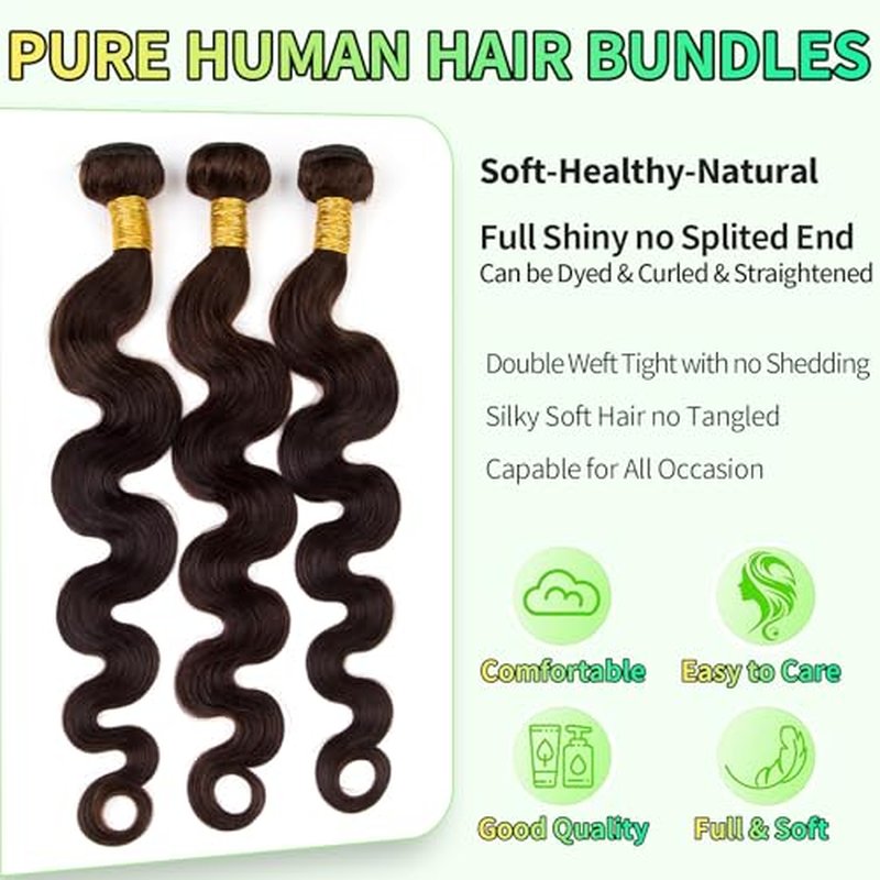 Human Hair Bundles Body Wave Dark Brown, 20 20 20 Inch - 3 Bundles, Antousha Body Wave Bundles Human Hair 12A Brazilian Virgin Wavy Bundles for Black Women