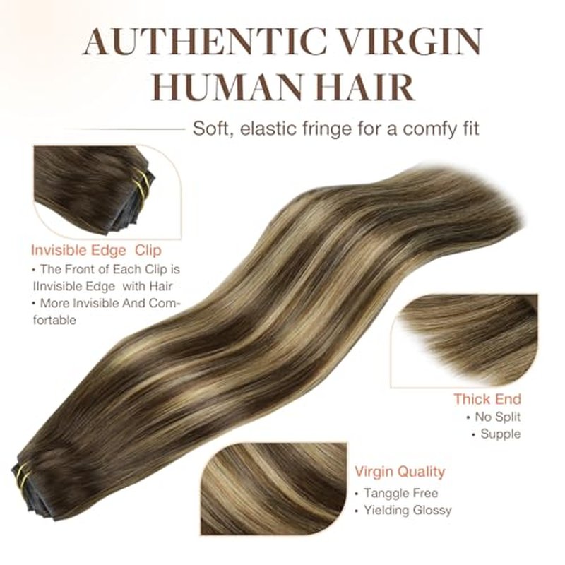 GOO GOO Invisi Edge Clip in Hair Extensions 16inch 130g 7Pcs Injected Seamless PU Clip in Hair Extensions, Virgin Real Human Hair, 4/27/4 Balayage Chocolate Brown to Caramel Blonde
