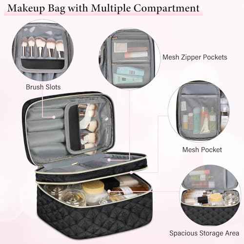 IGOLUMON Travel Makeup Bag Double Layer Make Up Bag Portable Large Cosmetic Bag Wide-open Toiletry Bag for Women Roomy Cosmetic Case Pouch Multifunction Organizer Storage Bag, Black
