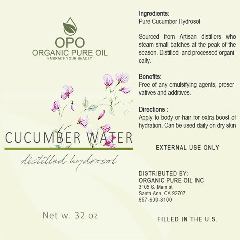 Cucumber Hydrosol - Pure Steam Distilled Hydrating Floral Water | 32 oz Refill for Skin & Hair Care