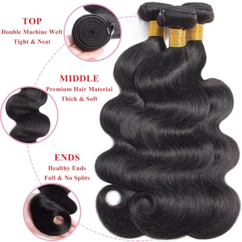 16A Human Hair Bundles 18 20 22 Inch Body Wave Bundles Human Hair 300g Brazilian Virgin Body Wave 3 Pieces Deals Brazilian Quick Weave Extensions Wet and Wavy Extensions Natural Black