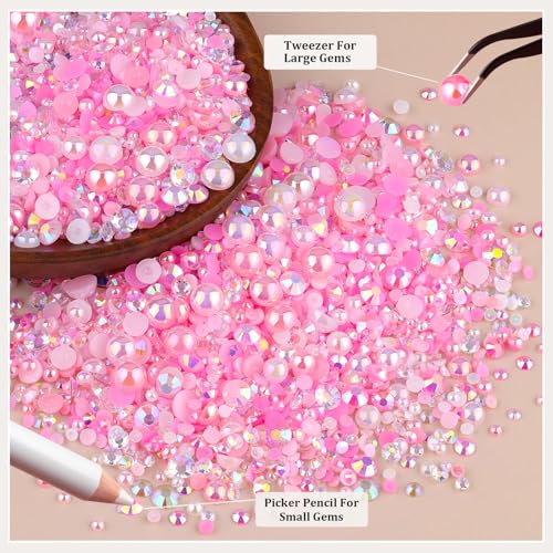 9000PCS Flatback Pearls and Pink Rhinestones for Bedazzling Kit, Pink White 3-10mm Resin Rhinestones Gems and Half Pearls for Crafting, Nail Art and Grad Cap Decor with B7000 Jewelry Glue