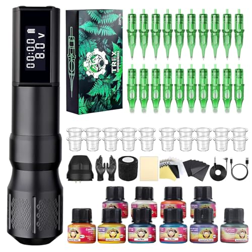 Tattoo Gun Kit Wireless Tattoo Machine Kit, Complete Tattoo Kit with Tattoo Pen Mixed Tattoo Cartridge Needles Tattoo Ink, 1800mAh Battery Power Supply and Customized High-Performance Motor(3.5mm Cam)